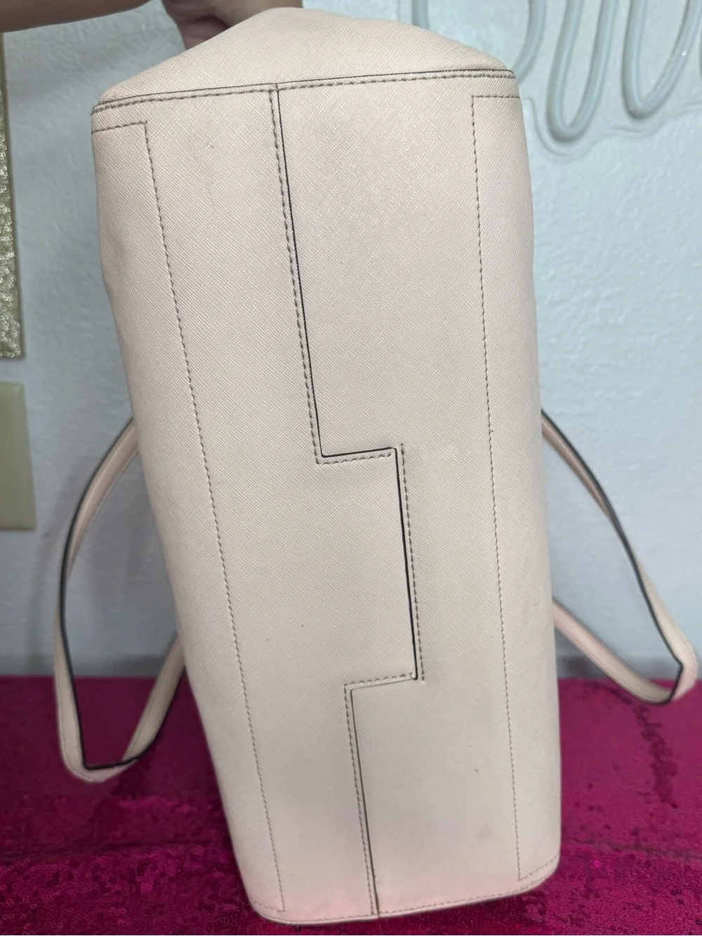 TORY BURCH 🤍 Pale Blush Pink Leather Large Shoulder Tote, Navy, Gold - 10x15”